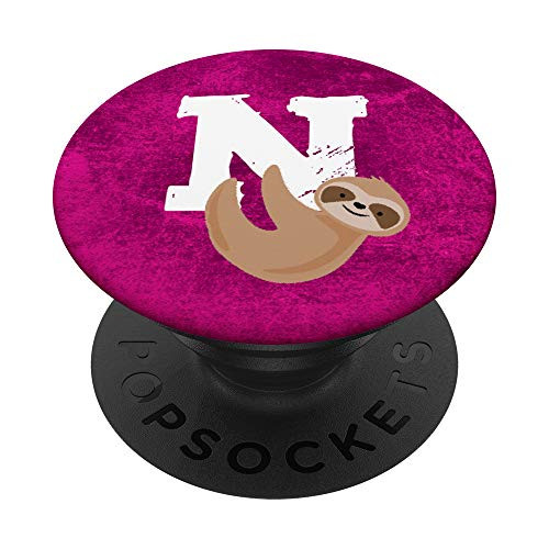 Cute Sloth Letter N Initial Monogram Pink Gift for Girls PopSockets Grip and Stand for Phones and Tablets