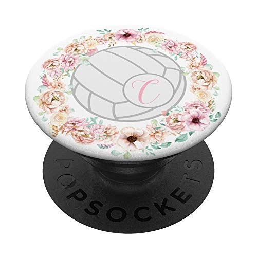 Volleyball Pink Floral Wreath Monogram Name Initial Letter C PopSockets Grip and Stand for Phones and Tablets
