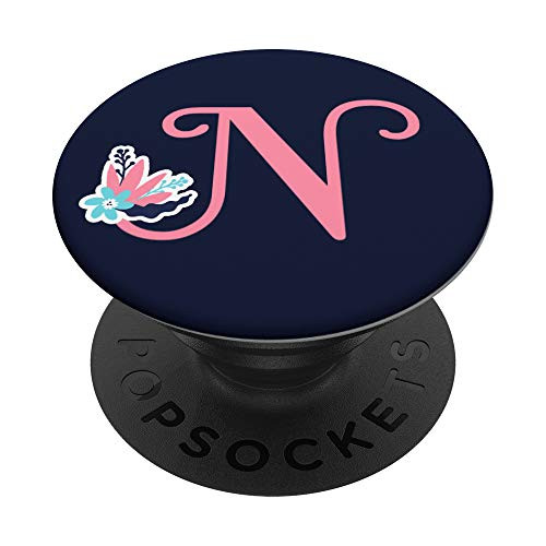 Letter N pink monogram floral initial N with teal flowers PopSockets Grip and Stand for Phones and Tablets