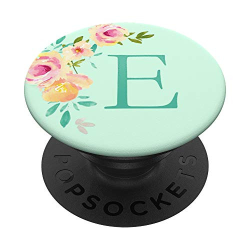 E Initial Monogram Letter Mint Green and Peach Rose PopSockets PopGrip Swappable Grip for Phones  and  Tablets