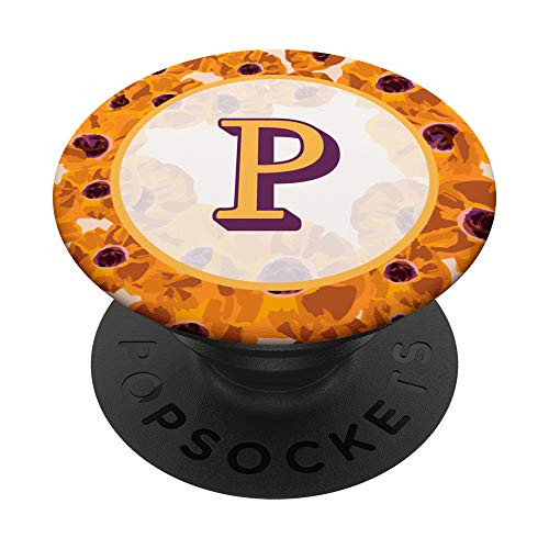 Letter P Initial Monogram Floral Poppy Orange Pattern PopSockets Grip and Stand for Phones and Tablets