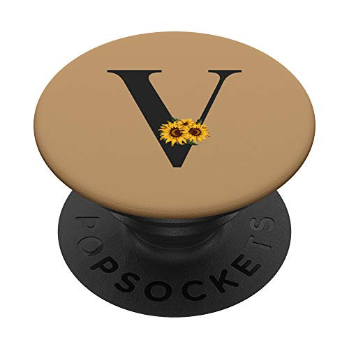 Tan Monogram Letter V Yellow Sunflower Floral Black PopSockets PopGrip Swappable Grip for Phones  and  Tablets