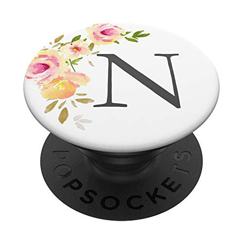 N Initial Monogram Letter Black and Peach Rose PopSockets Grip and Stand for Phones and Tablets