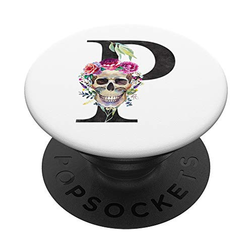Initial P Letter Skull Rose Flowers Watercolor Monogram - P PopSockets Grip and Stand for Phones and Tablets