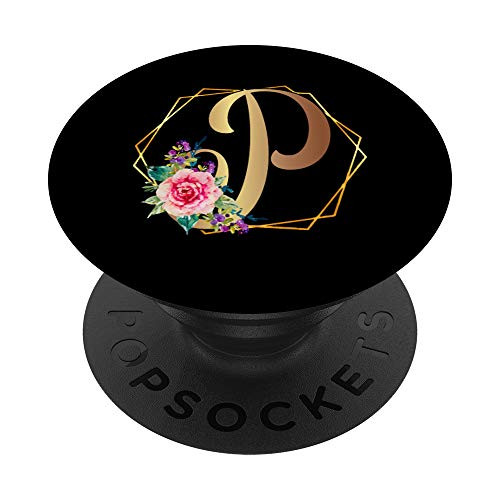 Letter P Initial Floral Flower Rose Black Monogram Girl PopSockets Grip and Stand for Phones and Tablets
