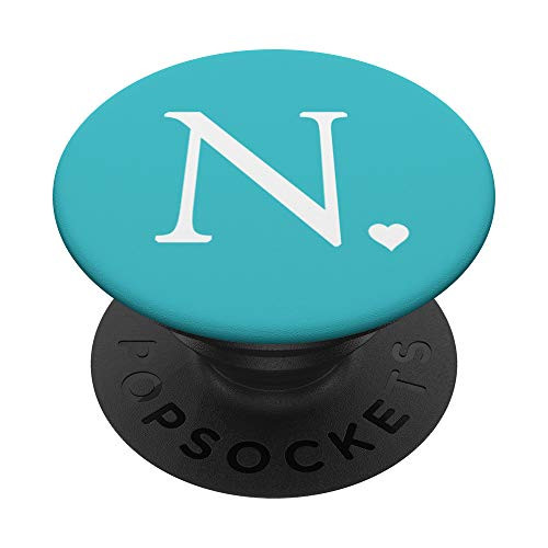 Heart White Letter N Initial Monogram Baby Blue Teal Cute PopSockets Grip and Stand for Phones and Tablets