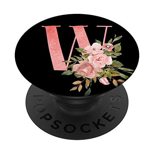 Pink Floral Flowers Black Monogram Initial Letter W PopSockets Grip and Stand for Phones and Tablets