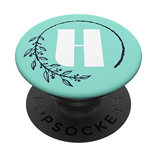 Mint Floral Monogram Letter H First Initial White with Navy PopSockets PopGrip Swappable Grip for Phones  and  Tablets