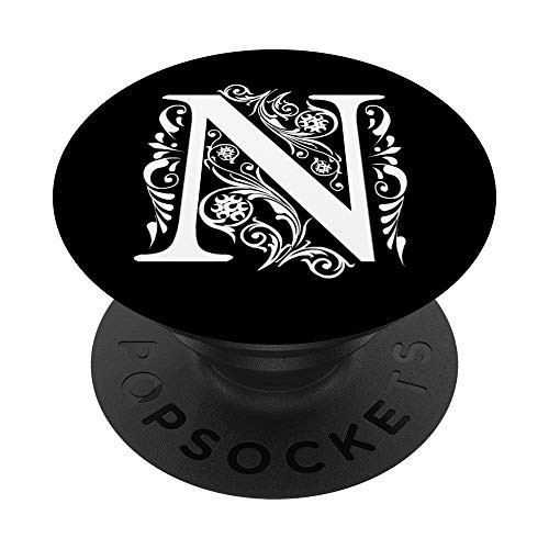 Letter N White Initial N On Black Background PopSockets Grip and Stand for Phones and Tablets