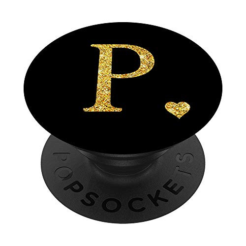 Heart Gold Letter P Initial Monogram Black Cute PopSockets Grip and Stand for Phones and Tablets