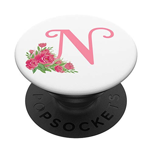 Letter N pink monogram floral initial N with rose flowers PopSockets Grip and Stand for Phones and Tablets