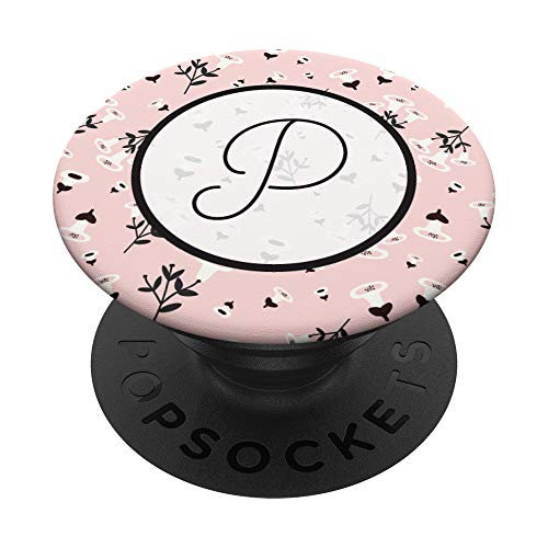 Letter P Initial Monogram Floral Modern Pink Black Pattern PopSockets Grip and Stand for Phones and Tablets