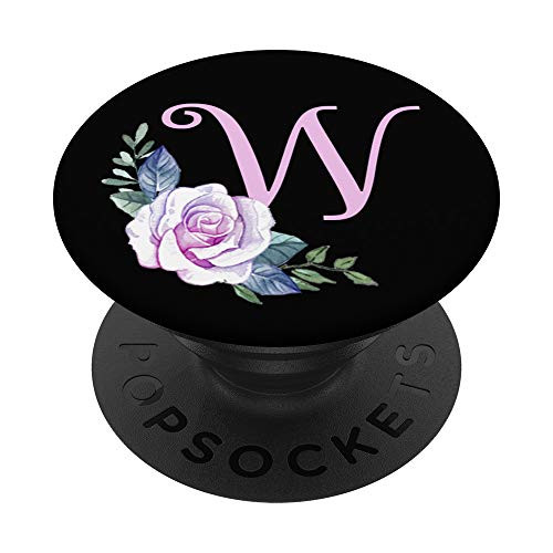 W Initial Rose Monogram Letter Pink Floral Roses Black PopSockets Grip and Stand for Phones and Tablets