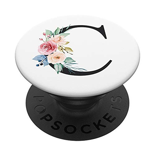 Floral Initial Letter C Black Monogram on White PopSockets Grip and Stand for Phones and Tablets