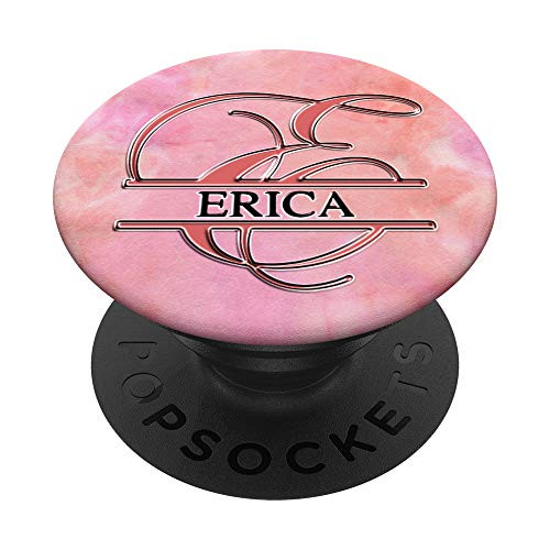 ERICA Name Black  and  Letter E Monogram on Rose Pink PopSockets Grip and Stand for Phones and Tablets