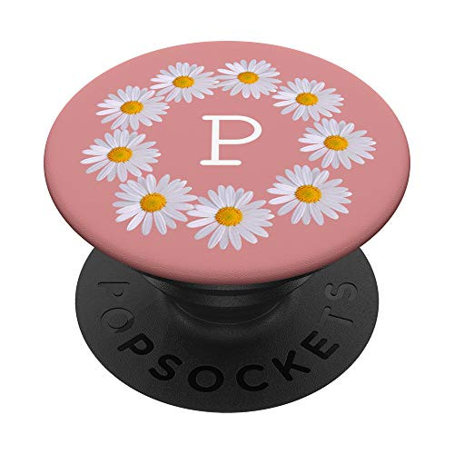 Alphabet Letter P Initial Pink Daisy Wreath Monogram PopSockets Grip and Stand for Phones and Tablets