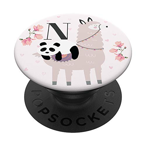Cute Llama Panda Gifts Lover Flowers Girls White Letter N PopSockets Grip and Stand for Phones and Tablets