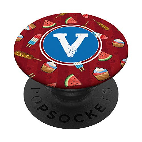 Cute Summer Pattern Initial V Letter Monogram on Red PopSockets Grip and Stand for Phones and Tablets