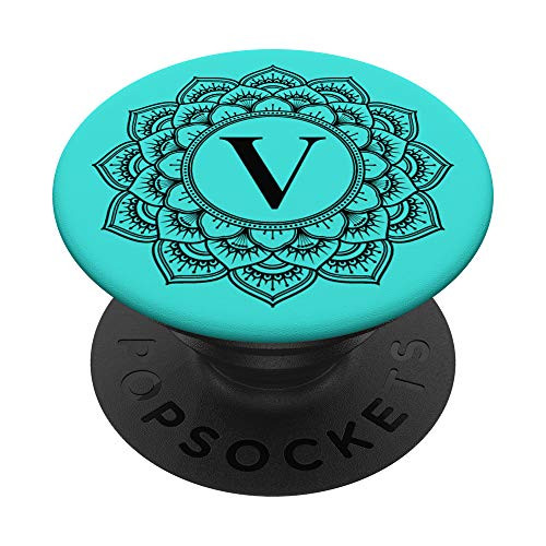 Black Teal Turquoise Monogram Letter V Initial Mandala PopSockets PopGrip Swappable Grip for Phones  and  Tablets