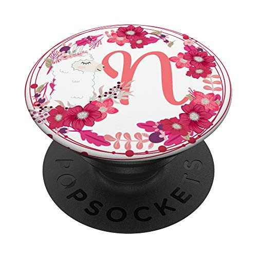 Cute Pretty Llama  and  Pink Flowers Letter N Initials Monogram PopSockets Grip and Stand for Phones and Tablets