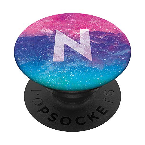 Teal Aqua Blue Pink Gradient White Monogram Initial Letter N PopSockets Grip and Stand for Phones and Tablets