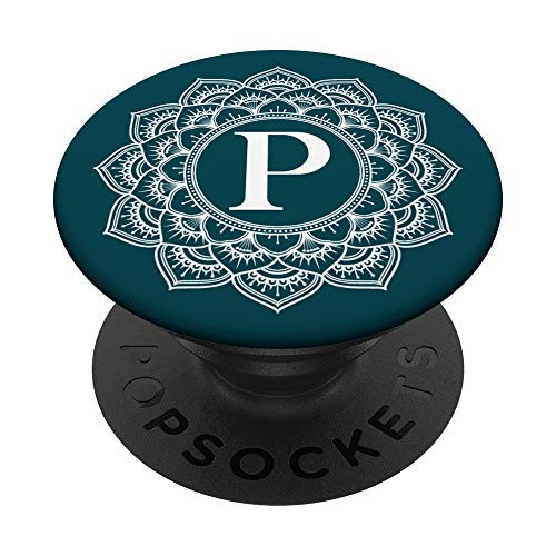Blue Green Mandala Flower Black Monogram Letter P Initial PopSockets PopGrip Swappable Grip for Phones  and  Tablets