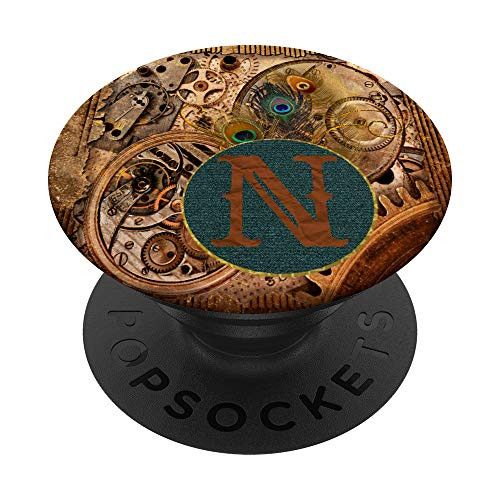 Steampunk Ornate Monogram Initial N Peacock PopSockets Grip and Stand for Phones and Tablets