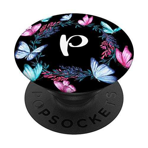 White Letter P Initial Monogram Pink Purple Teal Butterfly PopSockets Grip and Stand for Phones and Tablets