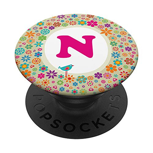 Letter N Initial Retro Floral Monogram N PopSockets Grip and Stand for Phones and Tablets