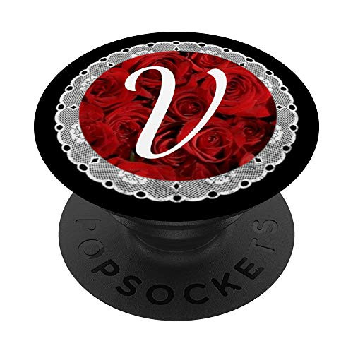 Monogram Pop Roses Letter V Phone Stand White Initial V PopSockets Grip and Stand for Phones and Tablets
