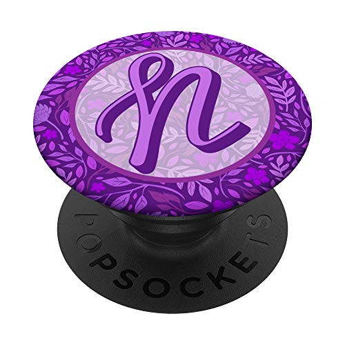 Letter N Initial Monogram Floral Leaves Purple Pink Pattern PopSockets Grip and Stand for Phones and Tablets