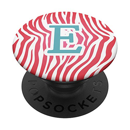 Letter E Zebra Coral Pink Teal Animal Print Initial Monogram PopSockets Grip and Stand for Phones and Tablets