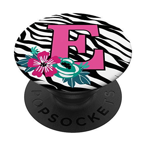 Letter E - Zebra Print - Black and White with Pink Monogram PopSockets Grip and Stand for Phones and Tablets