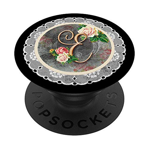 Lace Pink Rose Pop Letter E Phone Stand Monogram Initial PopSockets Grip and Stand for Phones and Tablets