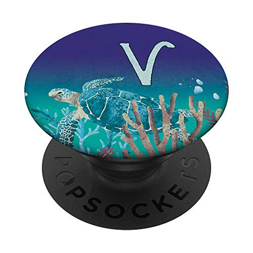 Teal Blue Green Gradient Turtle Monogram Initial Letter V PopSockets Grip and Stand for Phones and Tablets