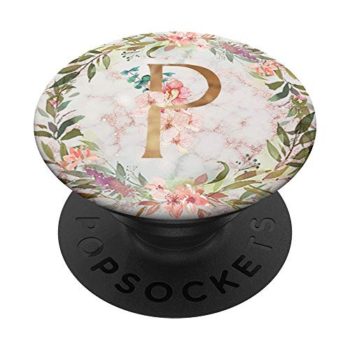 Rose Blush Floral Letter P Monogram Initial PopSockets Grip and Stand for Phones and Tablets