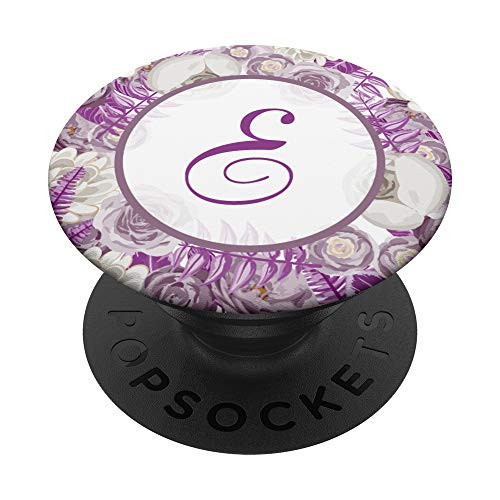 Letter E Initial Monogram Floral Rose Gray Purple Pattern PopSockets Grip and Stand for Phones and Tablets