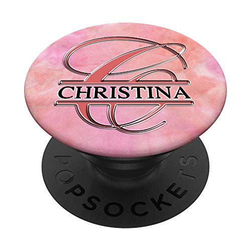 CHRISTINA Name Black  and  Letter C Monogram on Rose Pink PopSockets Grip and Stand for Phones and Tablets