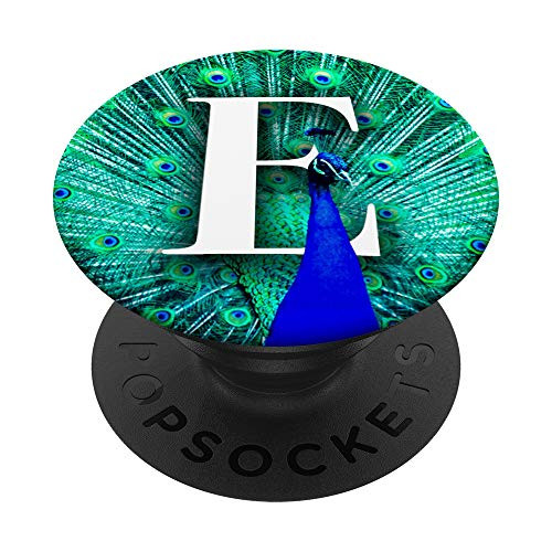 Monogram Initial E Pretty Peacock Teal Blue Feathers PopSockets Grip and Stand for Phones and Tablets