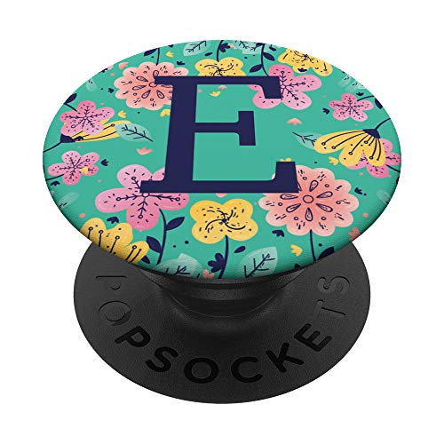 Teal Mint Monogram Letter Initial With Yellow Pink Floral E PopSockets Grip and Stand for Phones and Tablets