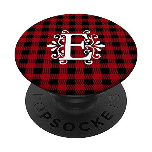 Red and Black Buffalo Plaid Monogram Letter E Initial Gift PopSockets PopGrip Swappable Grip for Phones  and  Tablets