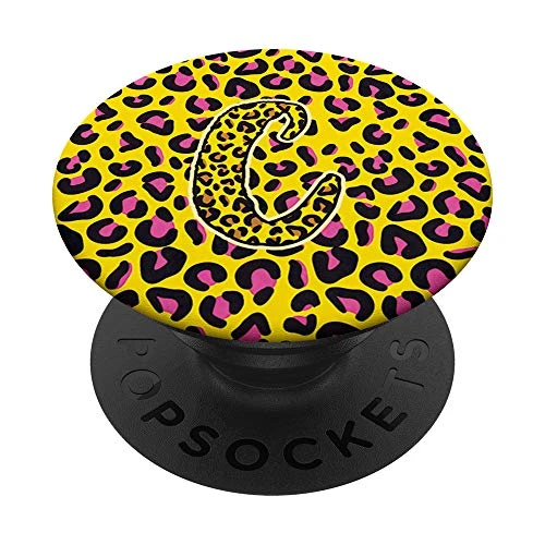 Leopard Print Yellow Pink Monogram Initial Letter C PopSockets Grip and Stand for Phones and Tablets