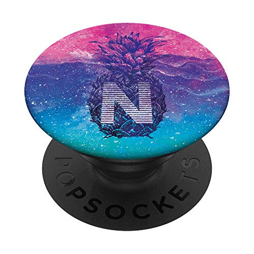 Teal Blue Pink Gradient Pineapple Monogram Initial Letter N PopSockets Grip and Stand for Phones and Tablets