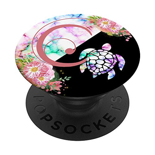 Rose Pink Letter C Initial Sea Turtle Rainbow Monogram PopSockets PopGrip Swappable Grip for Phones  and  Tablets