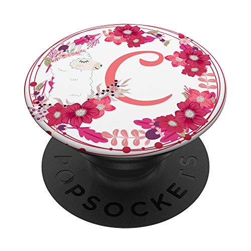 Cute Pretty Llama  and  Pink Flowers Letter C Initials Monogram PopSockets Grip and Stand for Phones and Tablets