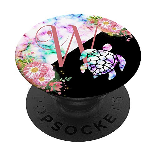Rose Pink Letter W Initial Sea Turtle Rainbow Monogram PopSockets PopGrip Swappable Grip for Phones  and  Tablets