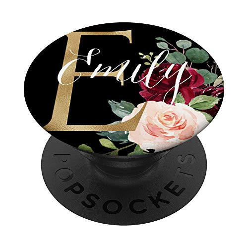 Emily First Name Initial E on Black Floral background PopSockets Grip and Stand for Phones and Tablets
