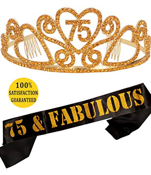 MEANT2TOBE 75th Birthday Tiara and Sash, Happy 75th Birthday Party Supplies, 75 & Fabulous Black Glitter Satin Sash and Crystal Tiara Birthday Crown for 75th Birthday Party Supplies and Decorations MEANT2TOBE 75th Birthday Tiara and Sash, Happy 75th Birthday Party Supplies, 75 & Fabulous Black Glitter Satin Sash and Crystal Tiara Birthday Crown for 75th Birthday Party Supplies and Decorations