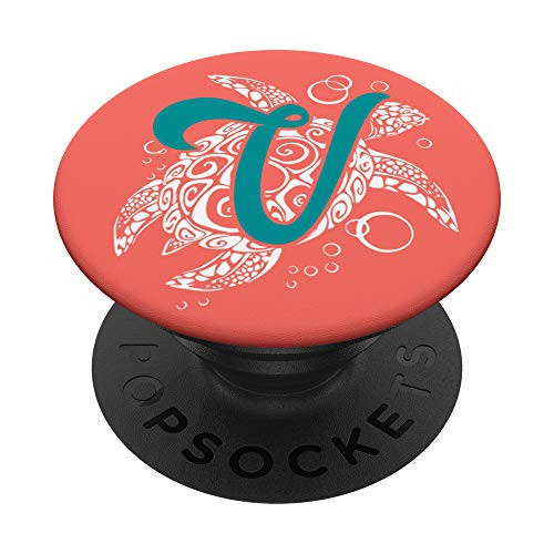Sea Turtle Living Coral Teal Initial Monogram Letter V PopSockets Grip and Stand for Phones and Tablets