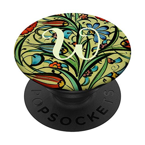 Initial W Monogram Letter Vintage Floral Pattern PopSockets Grip and Stand for Phones and Tablets